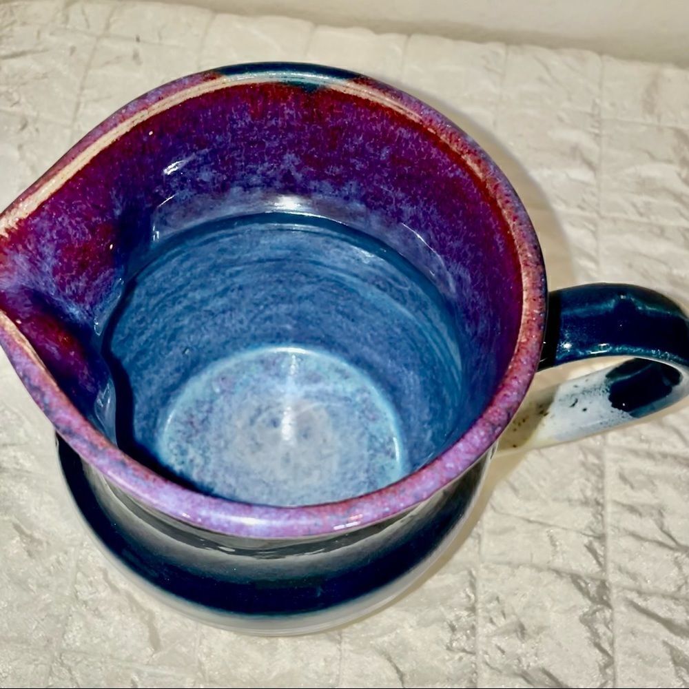 HANDMADE RUSTIC POTTERY pitcher in violets-off white - Picture 5 of 9